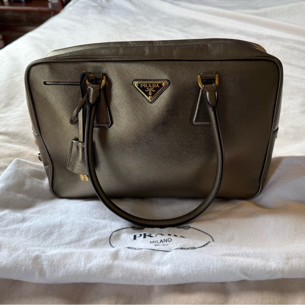 Prada Authentic Bronze Saffiano Leather Bowler Handbag